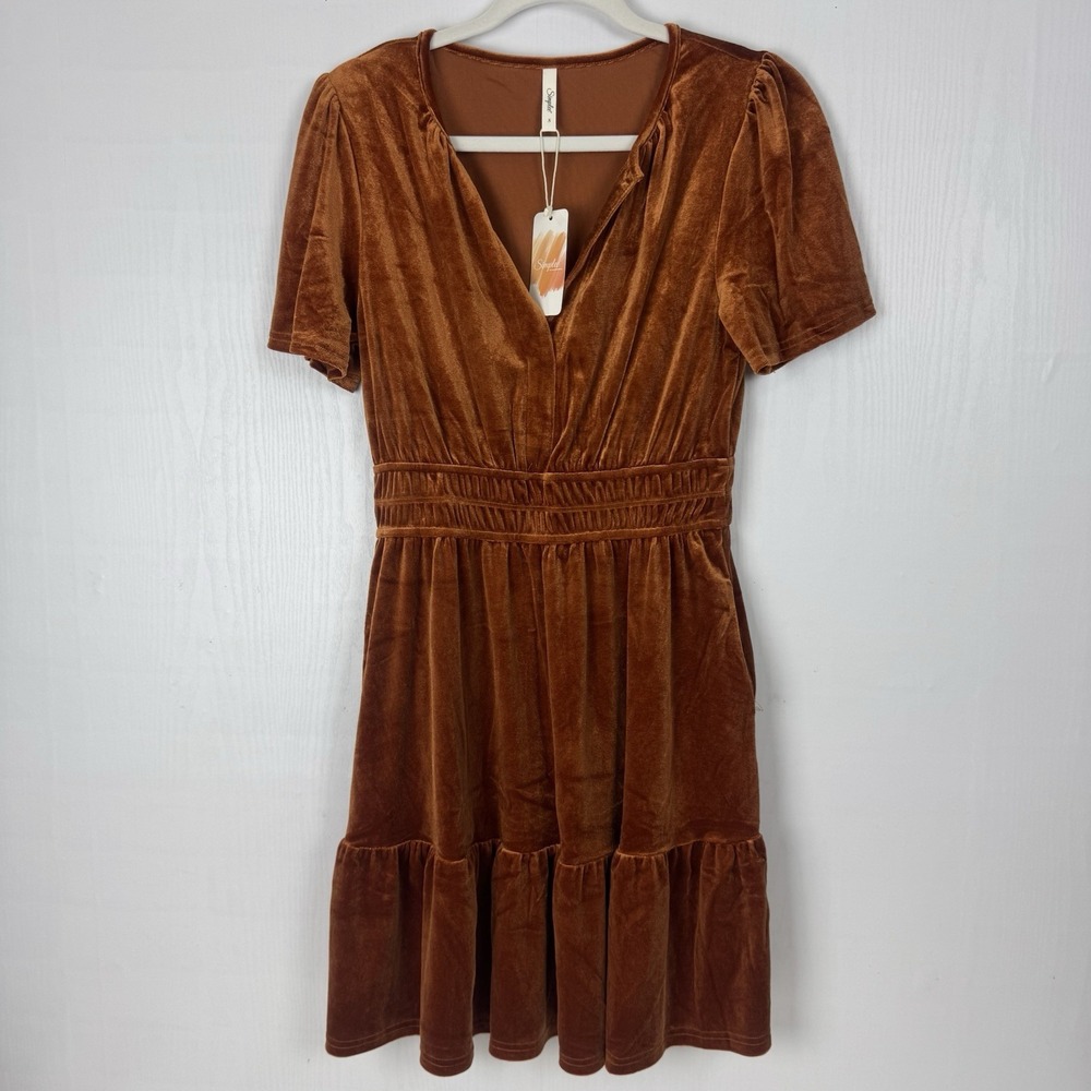 Simplee Wen Velvet Tiered Mini Dress Rusty Orange Size‎ S ruffled NWT